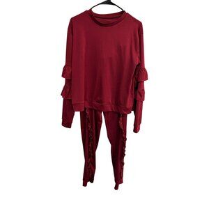 Womens Burgundy Ruffle Sleeve Top Pants Loungewear Set SZ XXLarge
